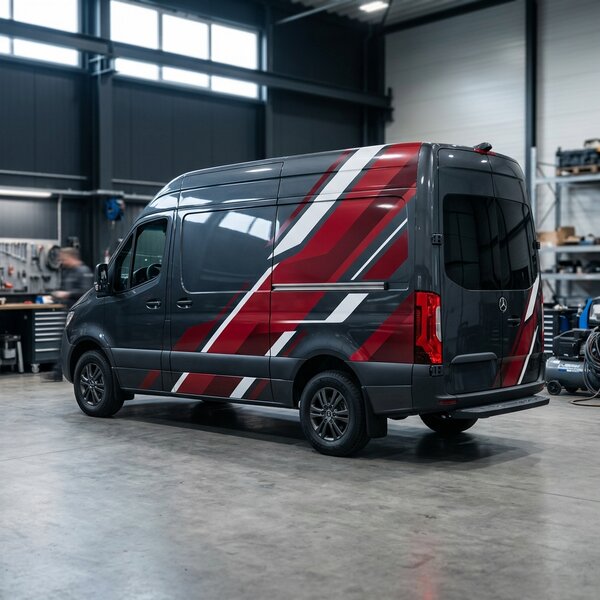Commercial fleet van with vinyl business graphics at JL Specialties