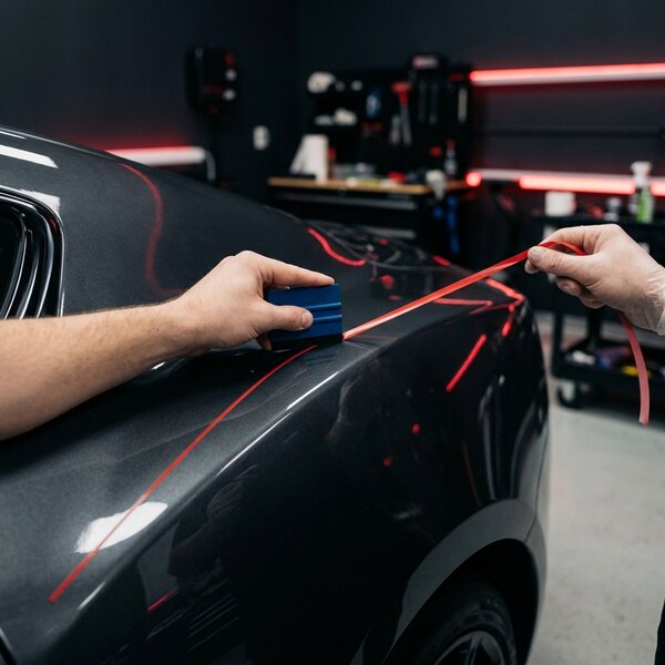 Red pinstripe vinyl accent installation at JL Specialties